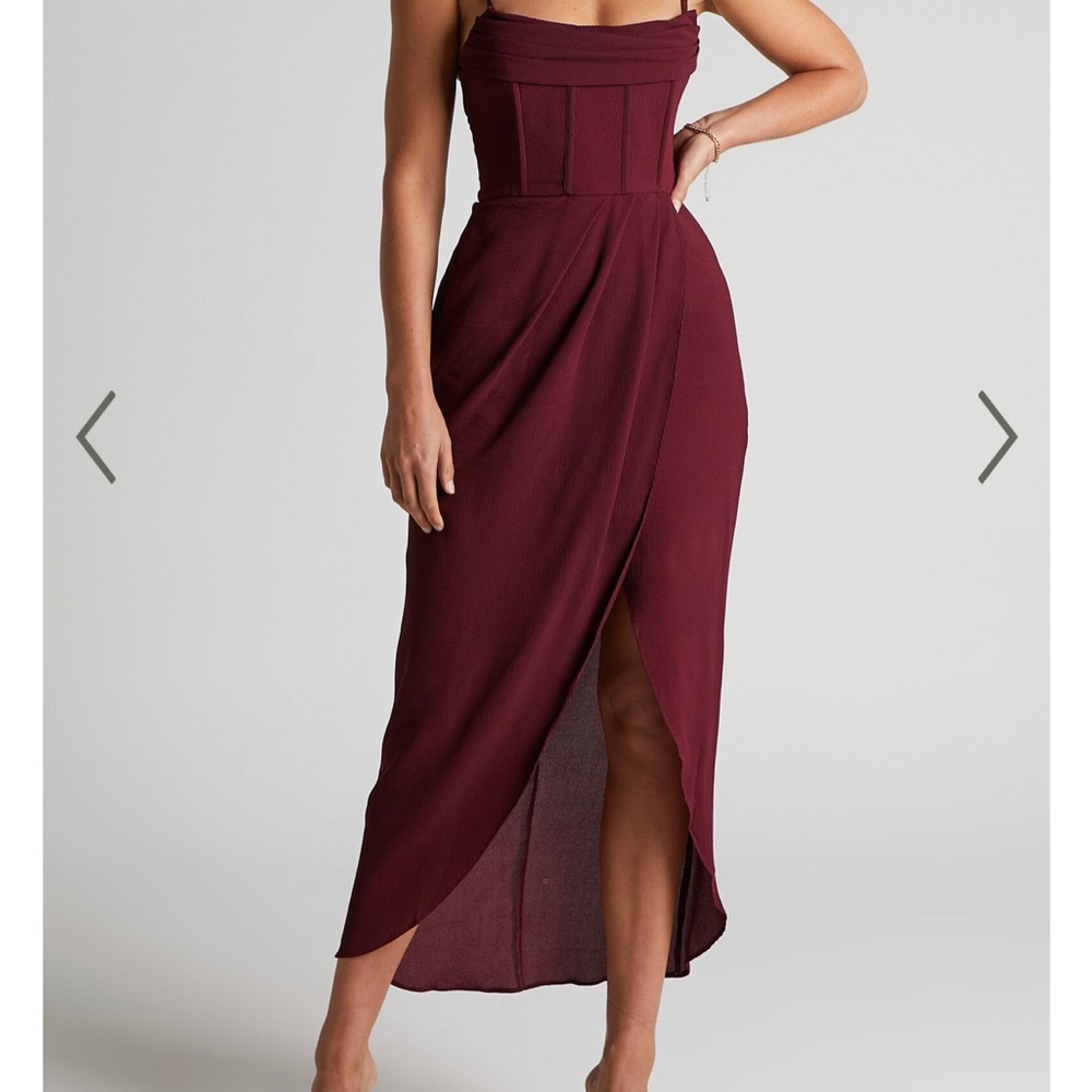 Wedding guest wine dress with corset high low midi cocktail dress
